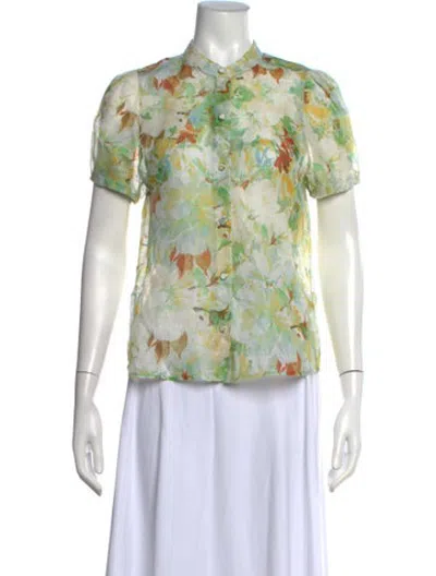 Pre-owned Cara Cara Linen Floral Print Blouse In Green
