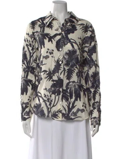 Pre-owned Cara Cara Linen Floral Print Blouse W/ Tags In White