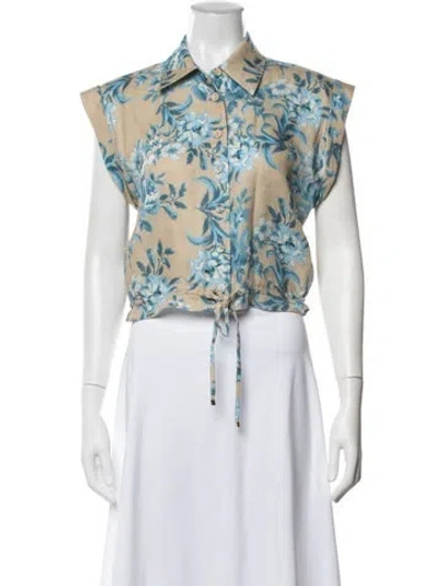 Pre-owned Cara Cara Linen Floral Print Button-up Top In White