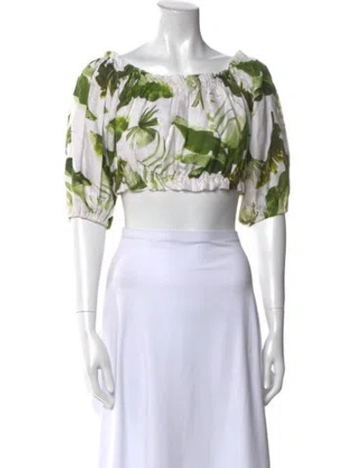 Pre-owned Cara Cara Linen Floral Print Crop Top In Green