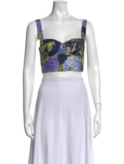 Pre-owned Cara Cara Linen Floral Print Crop Top W/ Tags In Blue