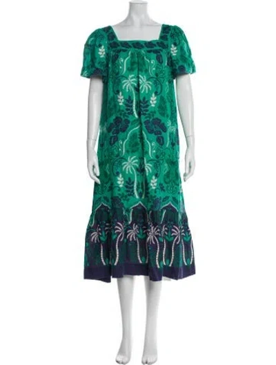 Pre-owned Cara Cara Linen Midi Length Dress In Green