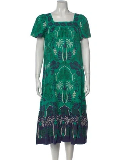 Pre-owned Cara Cara Linen Midi Length Dress In Green