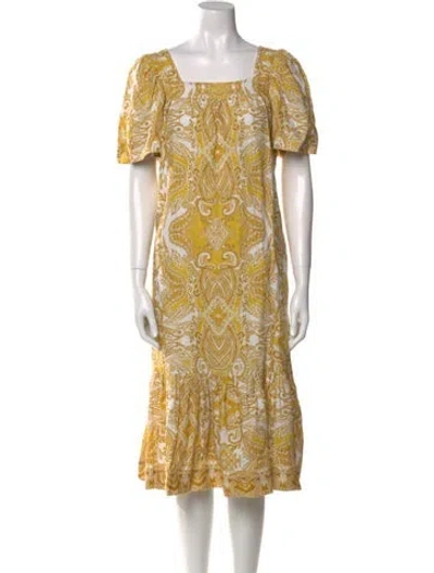 Pre-owned Cara Cara Linen Midi Length Dress In Yellow