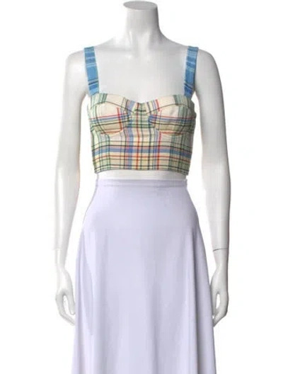 Pre-owned Cara Cara Linen Plaid Print Crop Top W/ Tags In Blue