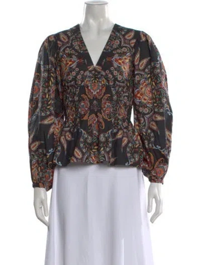 Pre-owned Cara Cara Paisley Print V-neck Blouse In Brown