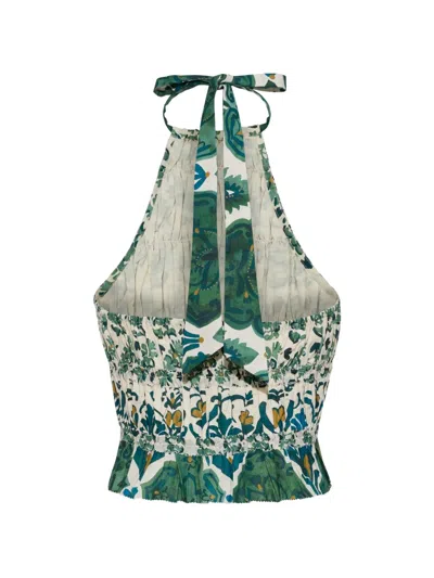 Cara Cara Peony Floral-print Smocked Top In Green