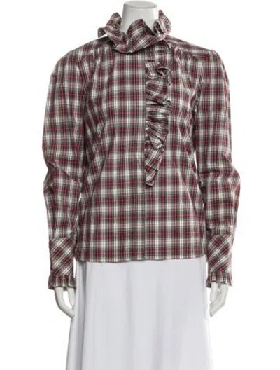 Pre-owned Cara Cara Plaid Print Long Sleeve Blouse