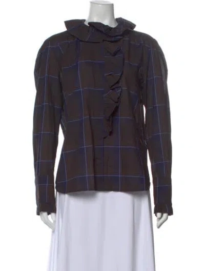 Pre-owned Cara Cara Plaid Print Long Sleeve Blouse In Blue
