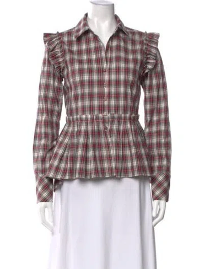 Pre-owned Cara Cara Plaid Print Long Sleeve Blouse In Red