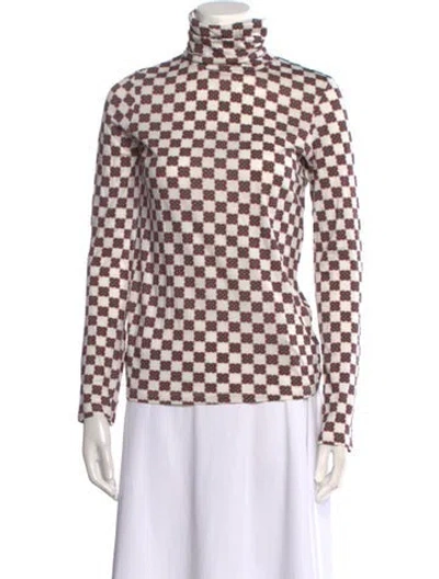 Pre-owned Cara Cara Plaid Print Mock Neck Blouse In White
