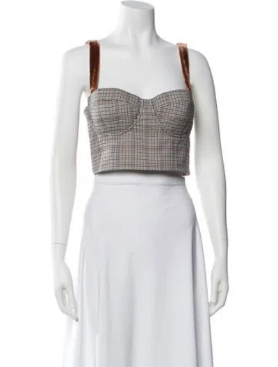 Pre-owned Cara Cara Plaid Print Square Neckline Crop Top In White