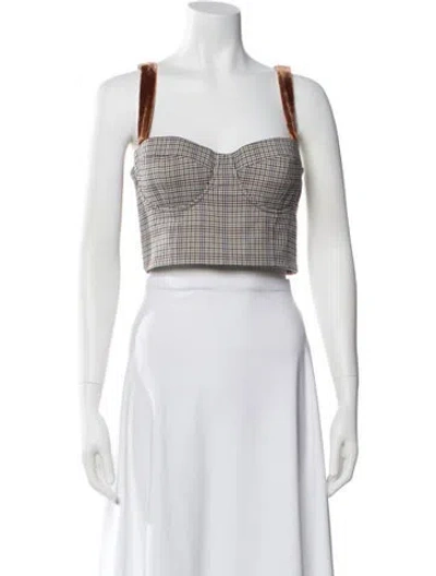 Pre-owned Cara Cara Plaid Print Square Neckline Crop Top In White