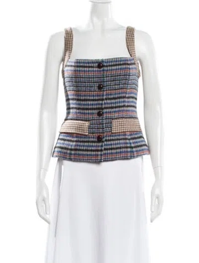 Pre-owned Cara Cara Plaid Print Square Neckline Top In Blue