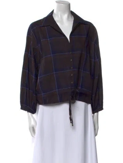 Pre-owned Cara Cara Plaid Print Three-quarter Sleeve Button-up Top In Blue