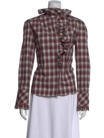 Pre-owned Cara Cara Plaid Print Tie Neck Blouse In Red