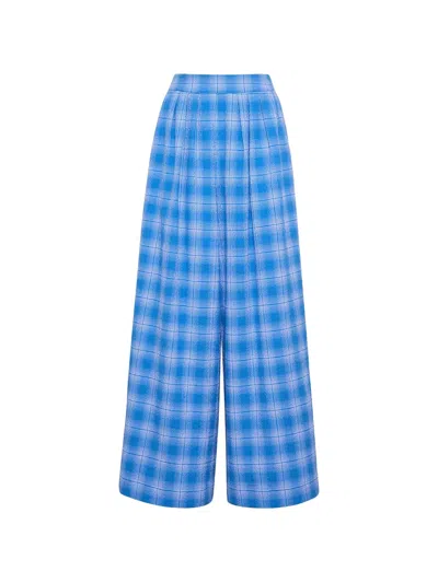 Cara Cara Plaid-pattern Pleated Wide-leg Cotton Trousers In Blue
