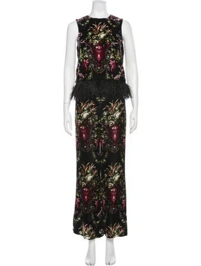 Pre-owned Cara Cara Printed Feather Trim Pant Set In Green