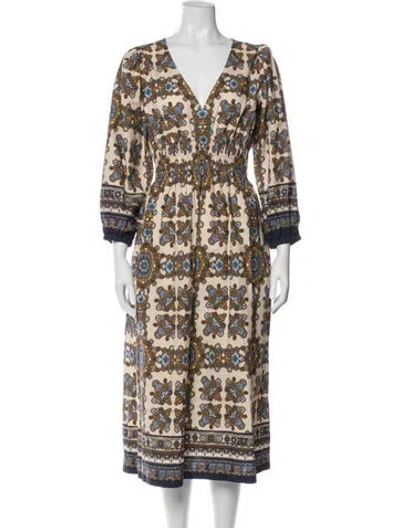 Pre-owned Cara Cara Printed Midi Length Dress In White