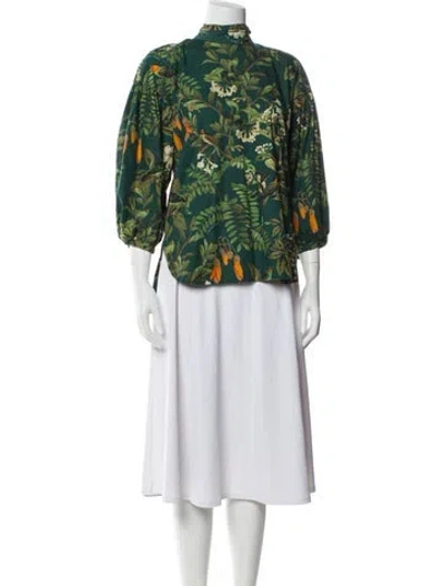 Pre-owned Cara Cara Printed Mock Neck Blouse In Green
