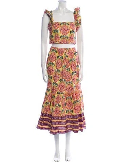 Pre-owned Cara Cara Printed Ruffle Embellishment Skirt Set In Yellow