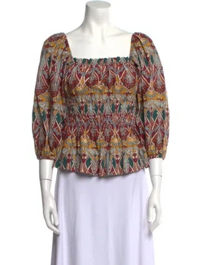 Pre-owned Cara Cara Printed Square Neckline Blouse W/ Tags In White