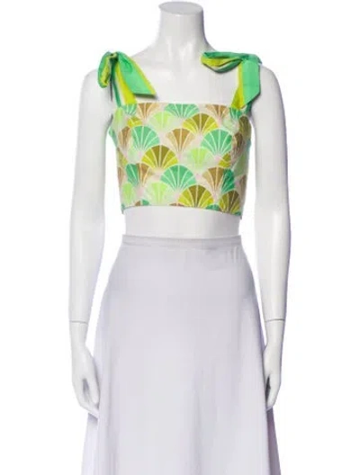 Pre-owned Cara Cara Printed Square Neckline Crop Top In Green