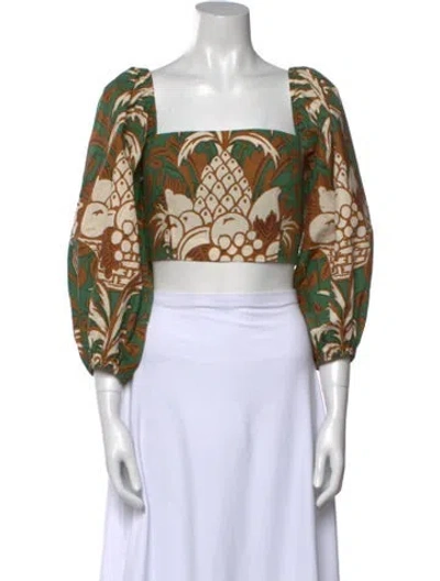 Pre-owned Cara Cara Printed Square Neckline Crop Top In White