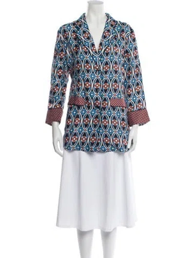 Pre-owned Cara Cara Printed V-neck Blouse In Blue