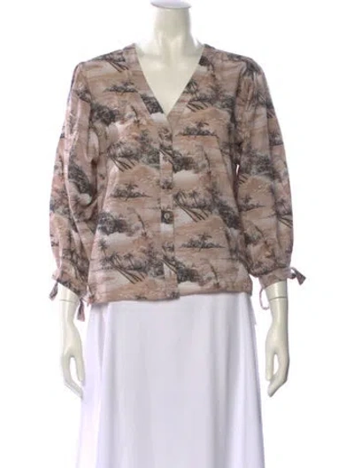 Pre-owned Cara Cara Printed V-neck Blouse In Brown