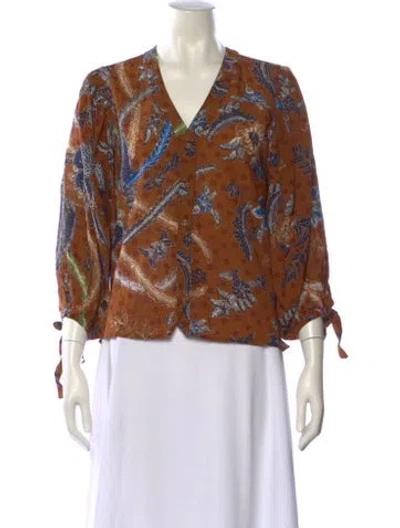 Pre-owned Cara Cara Printed V-neck Blouse In Brown