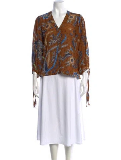Pre-owned Cara Cara Printed V-neck Blouse W/ Tags In Brown