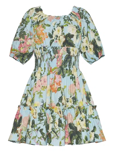 Cara Cara Puff-sleeves Floral Mini Day Dress In Green