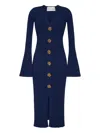 Cara Cara Aron Dress V Neck Button Front Slim Long Sleeve Midi Stretch Bodycon Dress In Blue