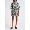 Cara Cara Robin Puff-sleeve Floral Poplin Mini Dress In Heron Navy