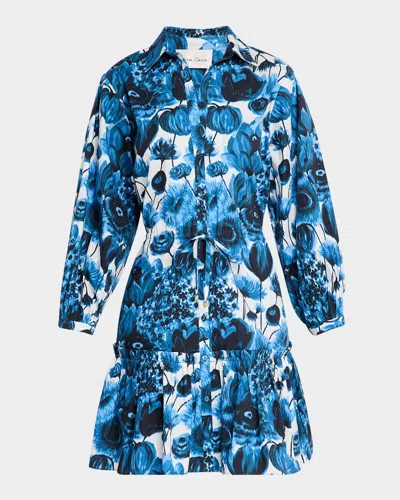 Cara Cara Robin Puff-sleeve Floral Poplin Mini Dress In Flora Grove Blue