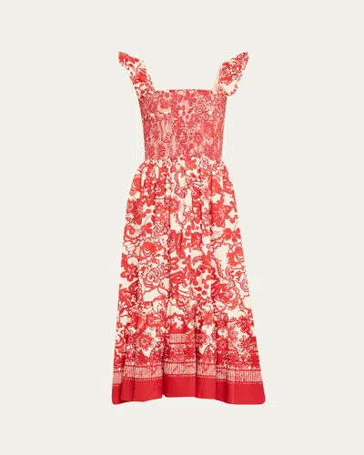 Cara Cara Ruby Square-neck Midi Dress In Dentelle Coral