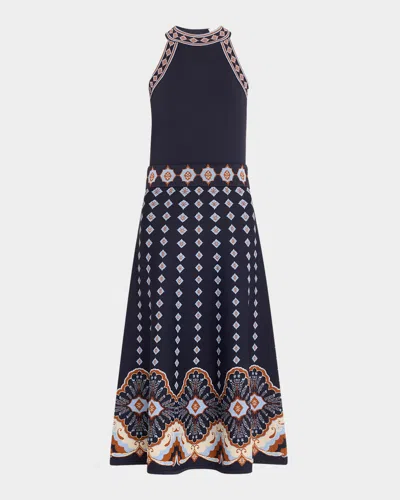 Cara Cara Sandrinna Mock-neck Jacquard Flare Midi Dress In Jules Navy