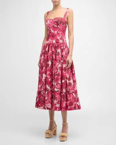 Cara Cara Santiago Bustier Tiered Floral Poplin Midi Dress In Pink Enchanted