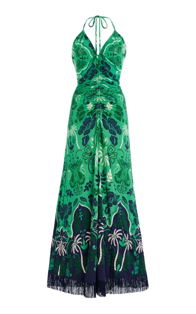 Cara Cara Shelter Island Fringed Jersey Halter Midi Dress In Green