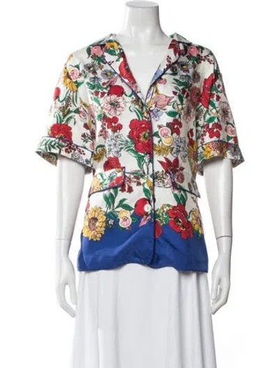 Pre-owned Cara Cara Silk Floral Print Blouse In White