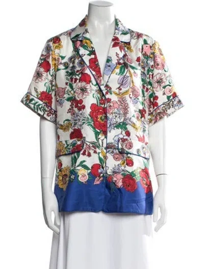 Pre-owned Cara Cara Silk Floral Print Blouse In White