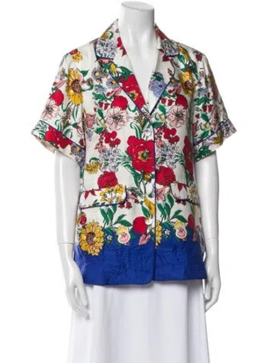 Pre-owned Cara Cara Silk Floral Print Button-up Top In White