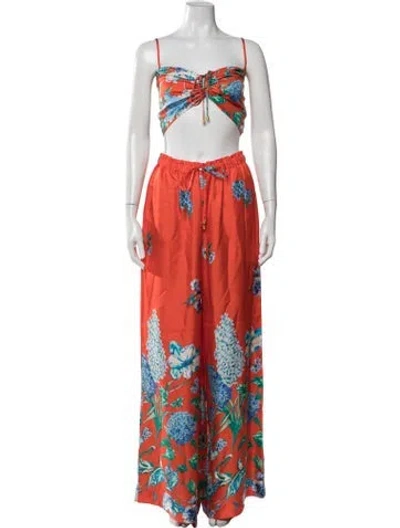 Pre-owned Cara Cara Silk Floral Print Pant Set In Orange