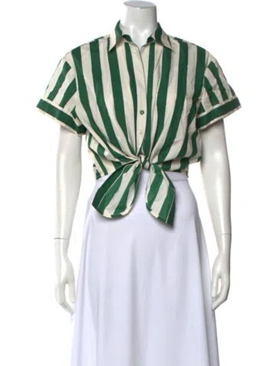 Pre-owned Cara Cara Striped Short Sleeve Button-up Top In Green