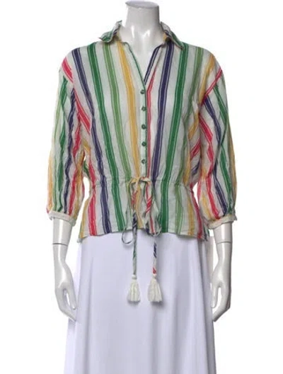 Pre-owned Cara Cara Striped Three-quarter Sleeve Button-up Top In Green