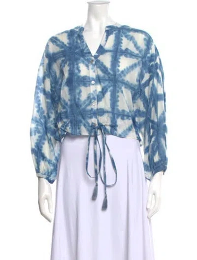Pre-owned Cara Cara Tie-dye Print V-neck Blouse In Blue