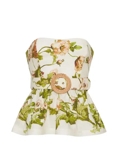 Cara Cara Tilda Strapless Belted Peplum Floral-print Linen Top In Multi