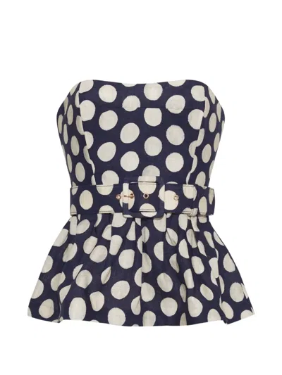 Cara Cara Tilda Strapless Belted Peplum Polka Dot Linen Top In Multi