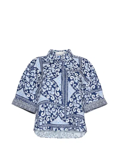 Cara Cara Tile-print Linen Top In Blue